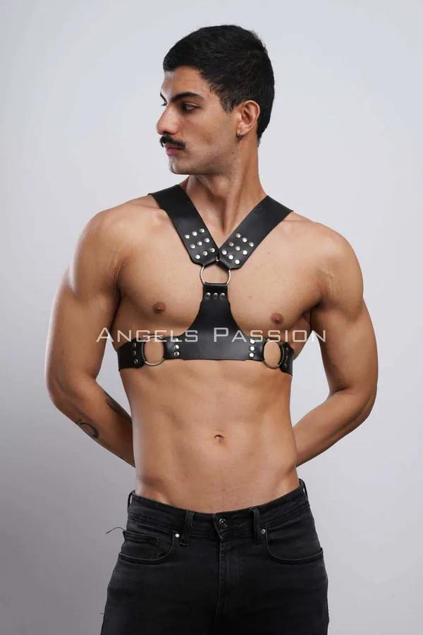 Studded Faux Leather Chest Harness with O-Ring