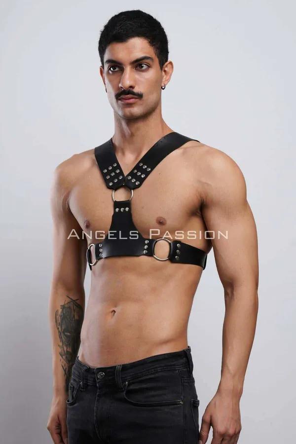 Studded Faux Leather Chest Harness with O-Ring