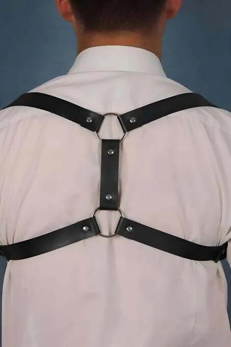Black Faux Leather Back Harness Men Dual Silver O-Ring Closure Adjustable Straps