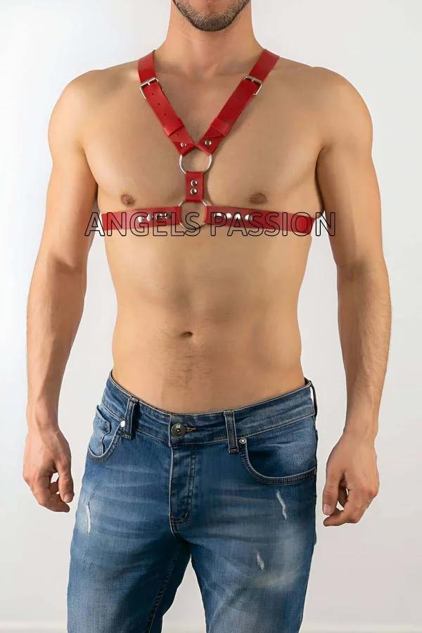 Red Faux Leather Chest Harness with O-Ring