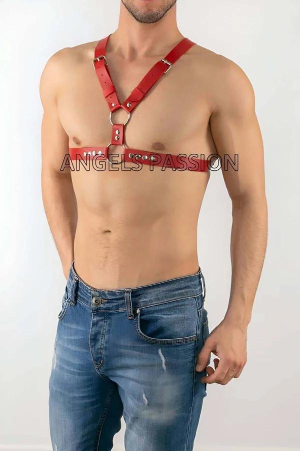 Red Faux Leather Chest Harness with O-Ring