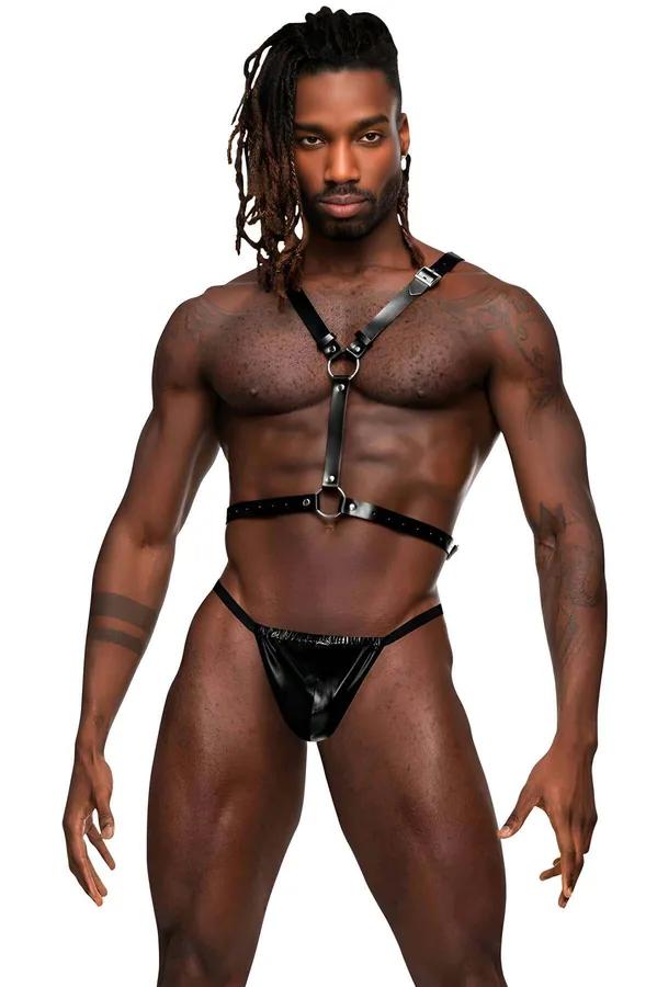 Adjustable Black Faux Leather Chest Harness with O-Ring