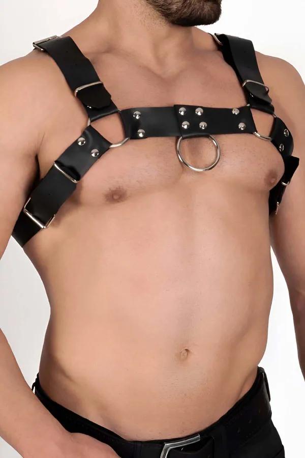 Black Faux Leather Chest Harness with O-Ring