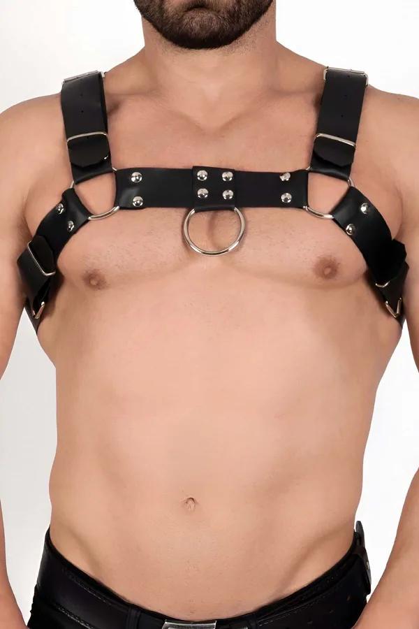 Black Faux Leather Chest Harness with O-Ring