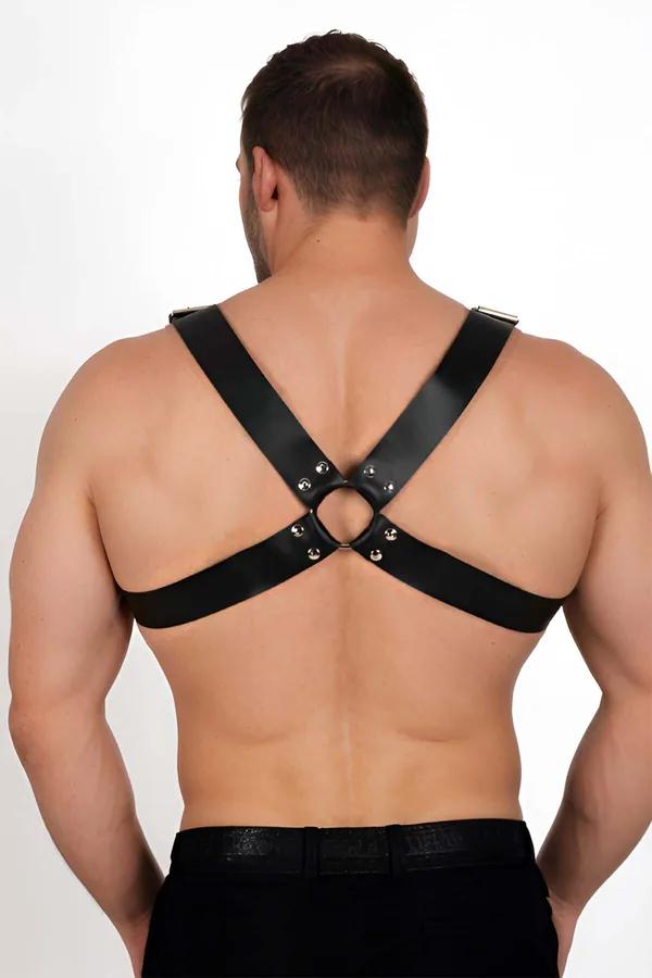 Black Faux Leather Chest Harness with O-Ring