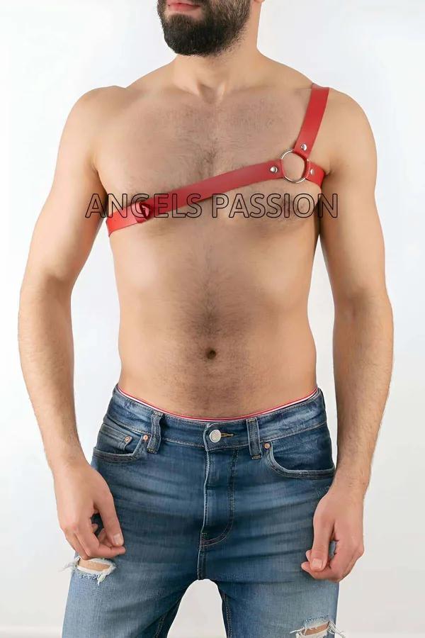 kırmızı suni deri tek omuz erkek harness gümüş O-ring toka çapraz göğüs bandı