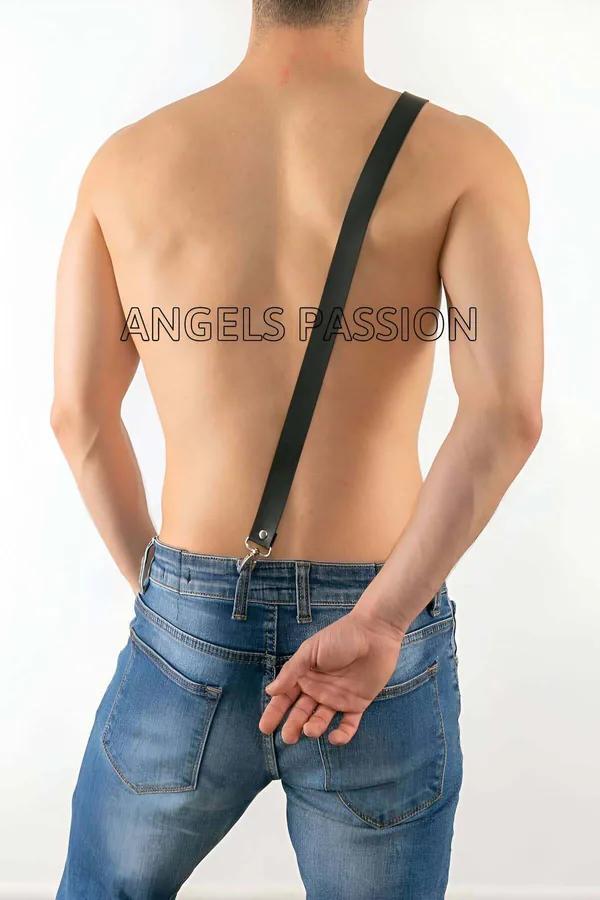 siyah suni deri çapraz erkek harness omuzdan kalçaya diagonal şerit rose gold toka pantolona klipsli