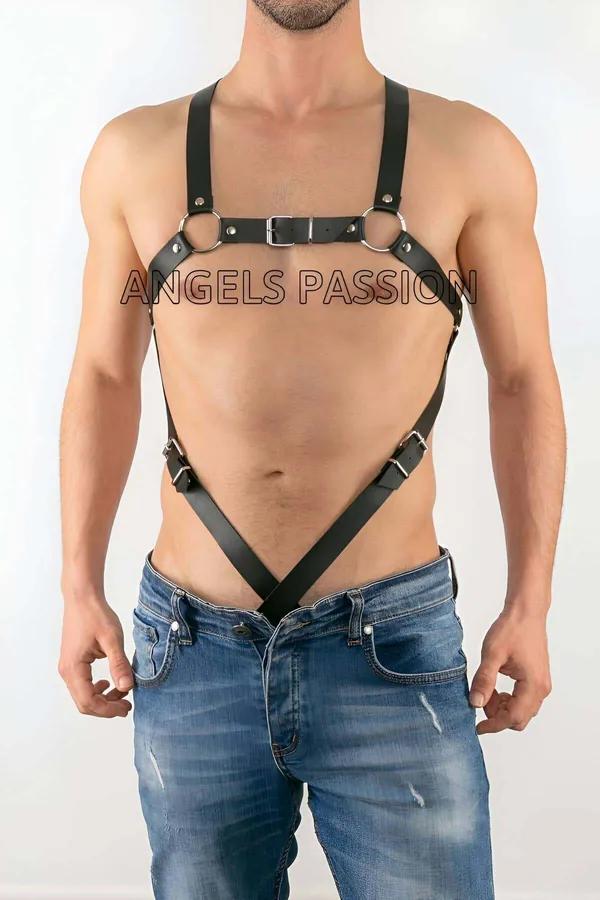 siyah vegan deri erkek çapraz harness gogo dans kostüm sırt görünümü gümüş O-ring toka detayı