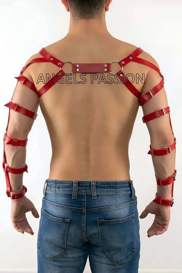 kırmızı vegan deri erkek çift kol harness gümüş O-ring ve metal toka detaylı dansçı kostüm