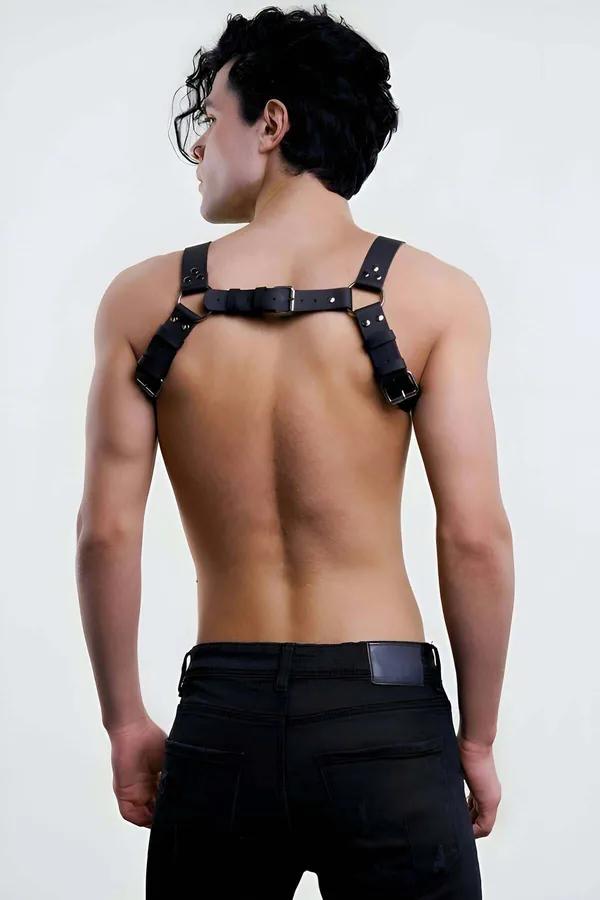 Black Faux Leather Chest Harness with O-Ring Center