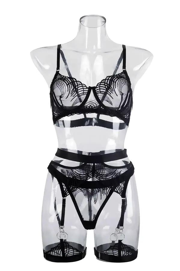 Lace Detail Harness Lingerie Set with Garter Belts