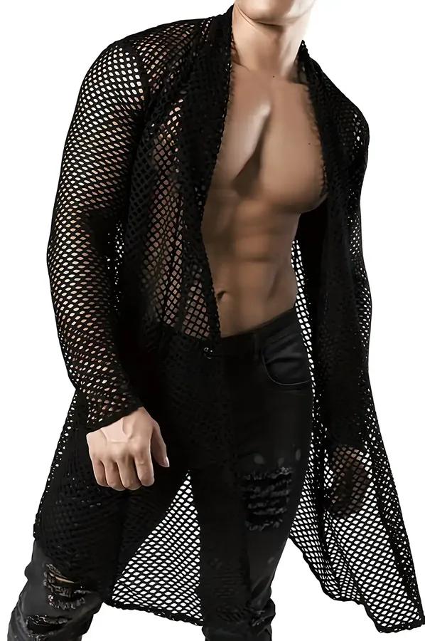 siyah file uzun kimono gömlek erkek clubwear açık ön kesim büyük kare file doku