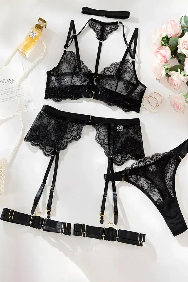 Lace and Strap Garter Lingerie Set with Choker