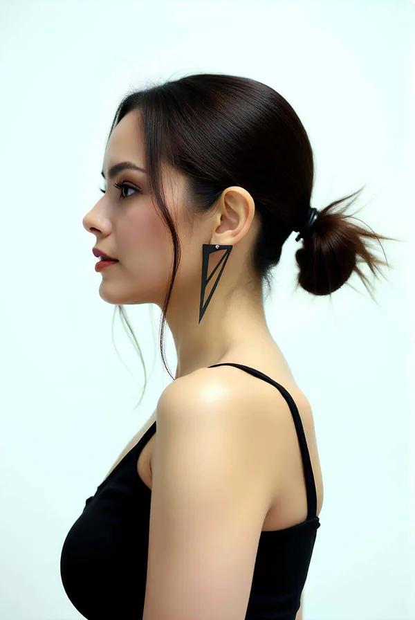 Black laser-cut geometric triangle earrings, matte vegan leather, double-layer open form, 7-8 cm