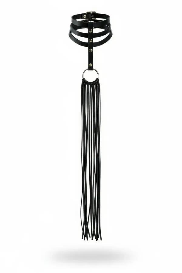 black faux leather triple-band choker with silver O-ring and long fringed tassel hanging down the front