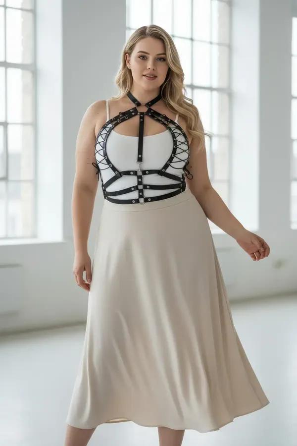 büyük beden siyah vegan deri korse harness bağcıklı ön panel ve gümüş snap düğmeler halter boyunluk