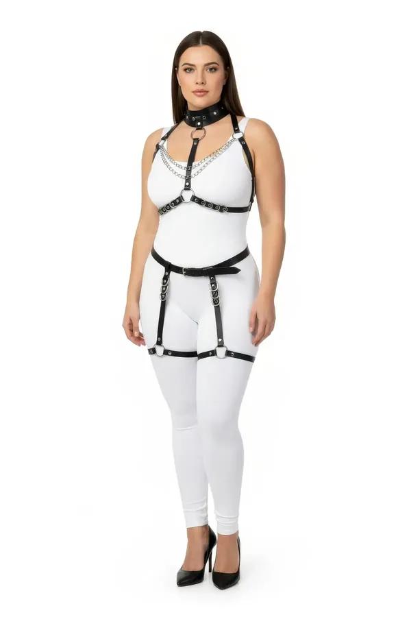 black faux leather full body harness set with O-ring choker, silver chest chains, underbust band, hip belt and thigh garter s