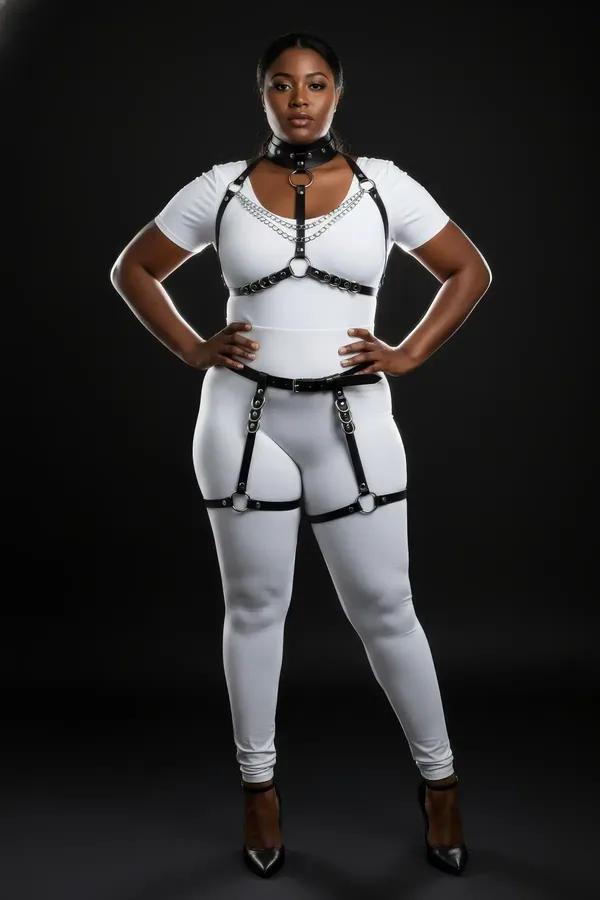 black faux leather full body harness set with O-ring choker, silver chest chains, underbust band, hip belt and thigh garter s