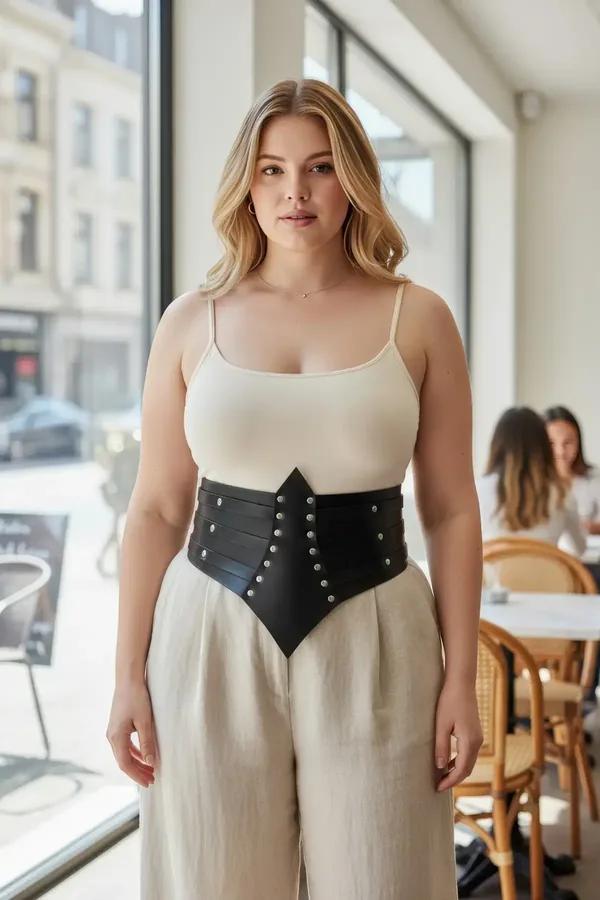 Black faux leather waist cincher belt with silver dome studs and pointed V-front panel worn over cream camisole