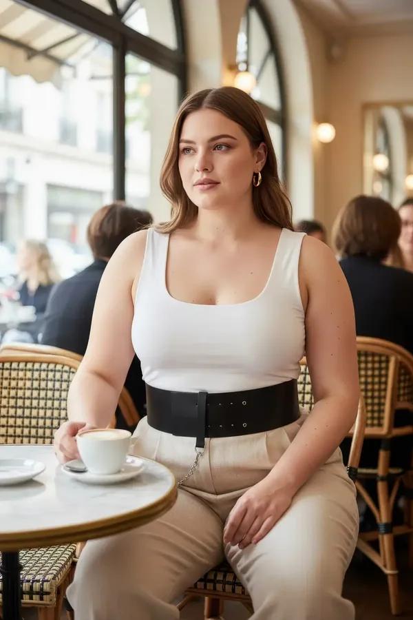 Black faux leather wide waist cincher with double silver eyelet rows and dangling chain accent worn over white tank top