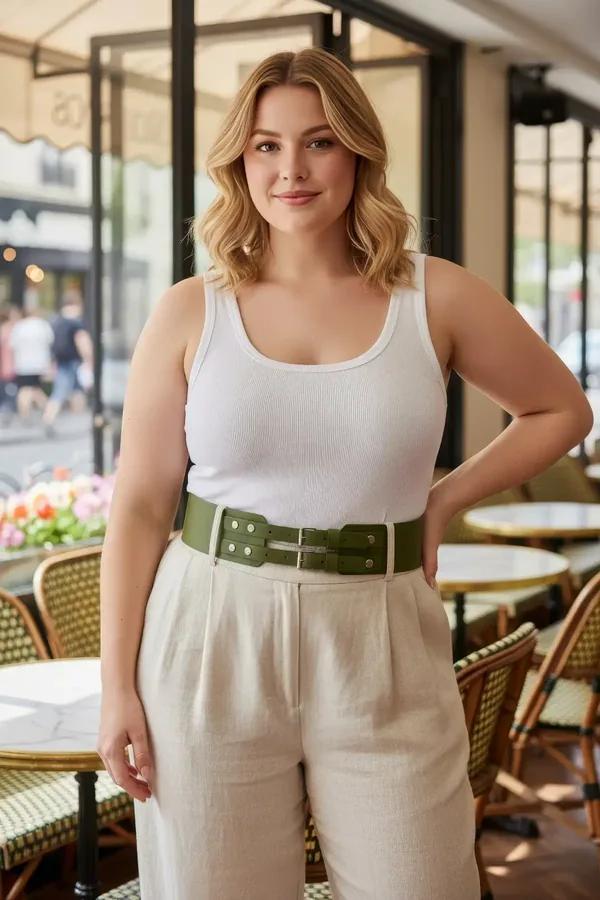 Olive green wide faux leather waist belt with double silver pin buckles worn over white tank and beige trousers