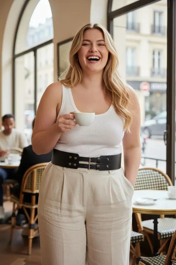 Black faux leather waspie waist belt with double silver buckles and silver dome stud detail worn over white tank and beige tr