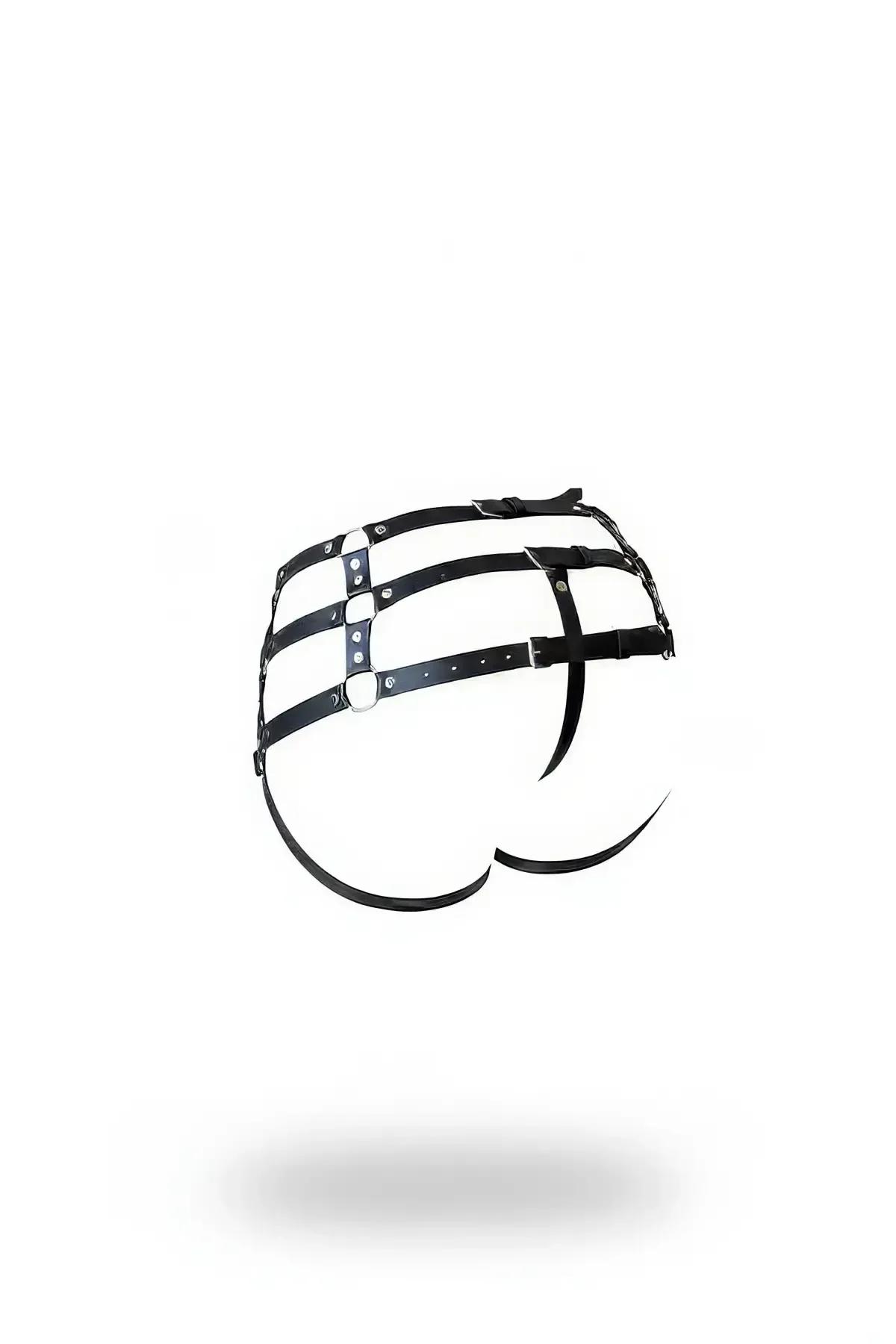 Black faux leather high-waist garter harness with three horizontal straps, silver O-rings, and thong leg straps