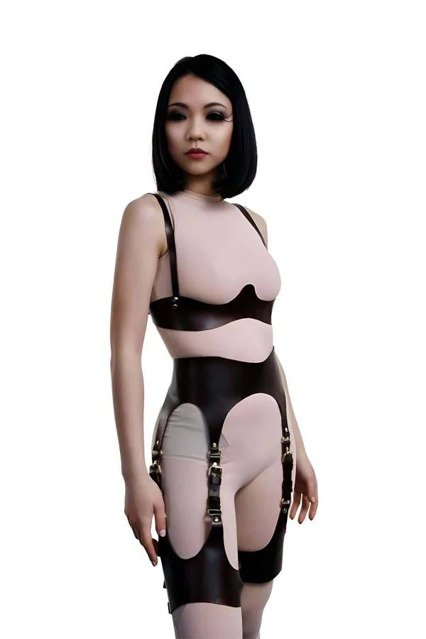 Dark brown faux leather harness garter set with gold-tone buckles and oval cutout panels worn as full two-piece coordinated l