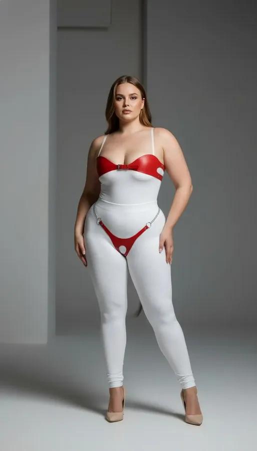 red faux leather body harness set with silver chain waist detail structured bra top and lower panel plus size model