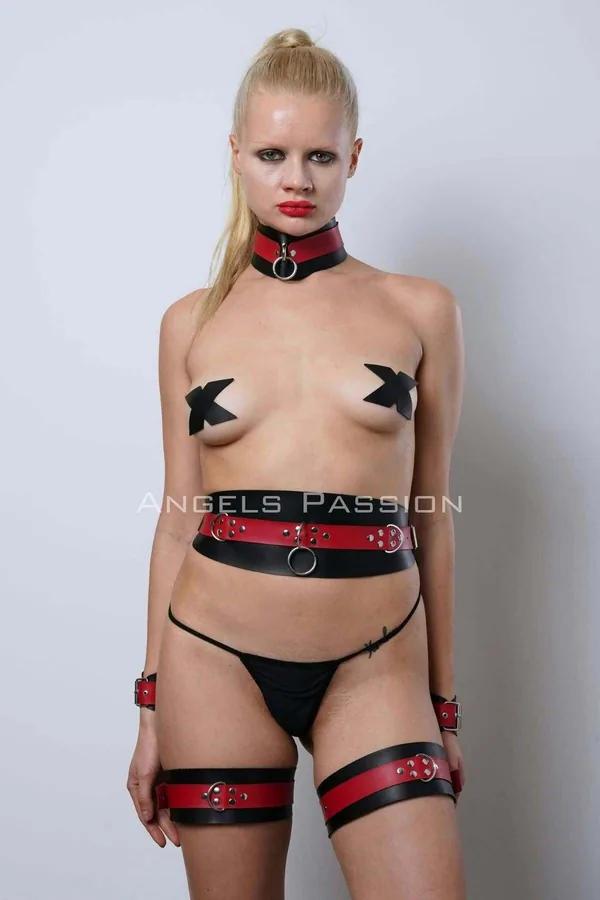 siyah kırmızı vegan deri kelepçeli harness takım choker bel bandı bilek uyluk set gümüş O-halka