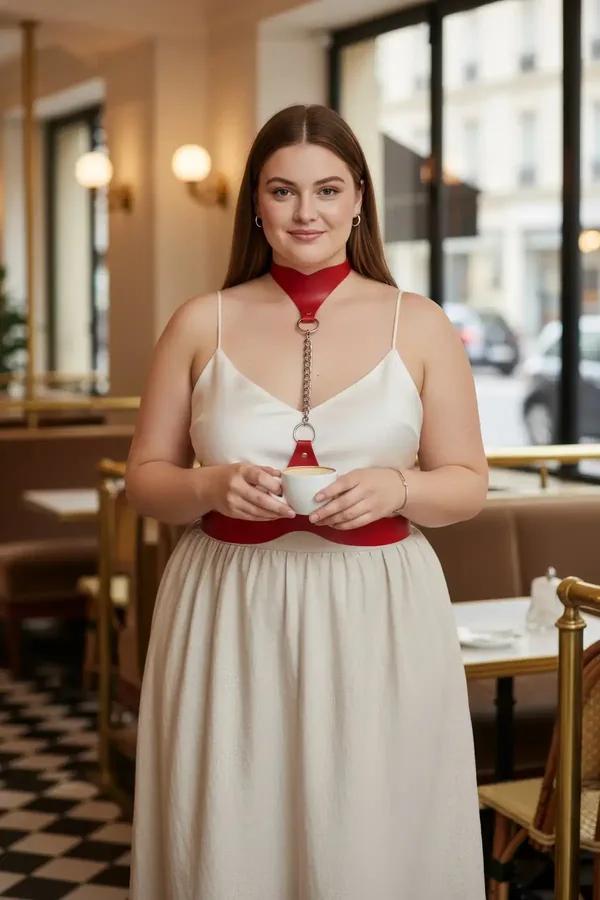 kırmızı vegan deri choker ve bel kemeri gümüş zincir O-ring bağlantılı set büyük beden