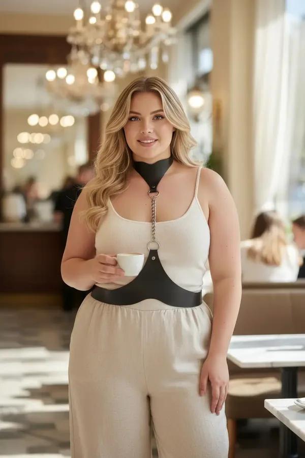Black faux leather collar-to-waist chain harness with silver O-ring link chain and wide curved waist band worn over white cam