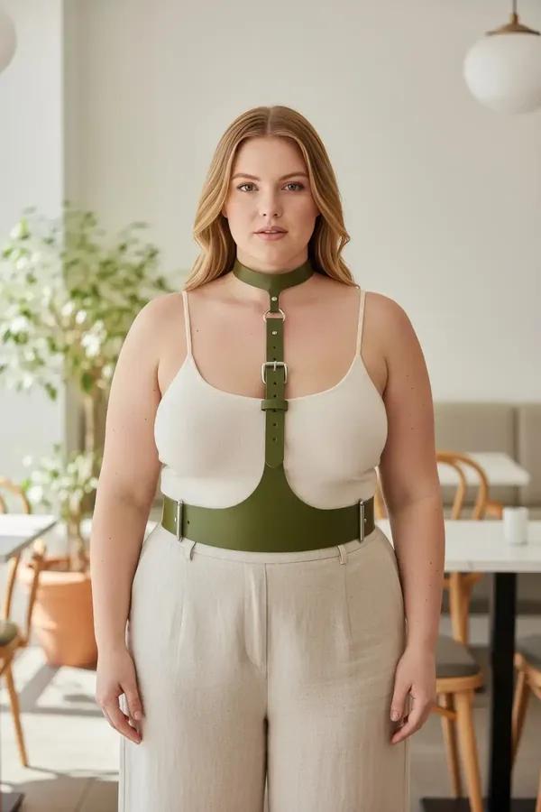 Khaki faux leather underbust harness belt with wide olive band and silver center buckle worn over cream tank top