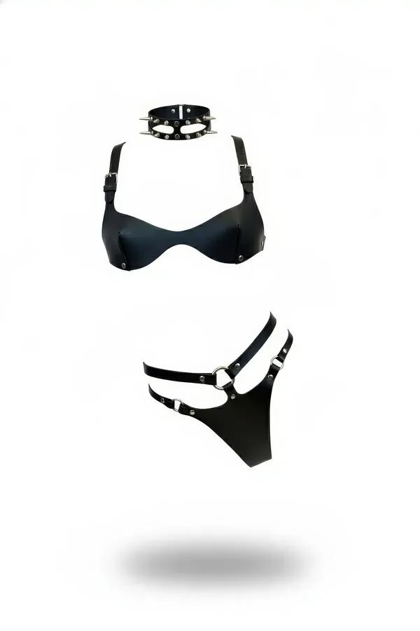 Black studded faux leather bralette and thong harness set with spiked choker collar and silver O-ring hardware