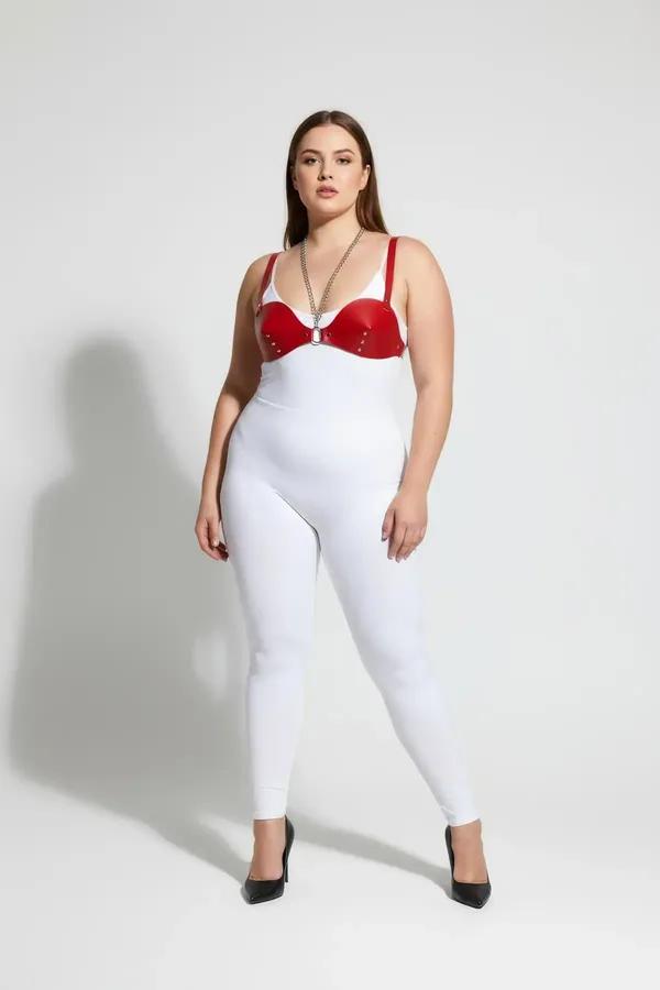 red faux leather harness bra with draped silver chain and stud trim, molded cups, front view
