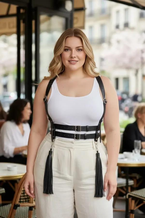 black faux leather body harness with double buckle waist straps and tassel fringe worn over white tank top
