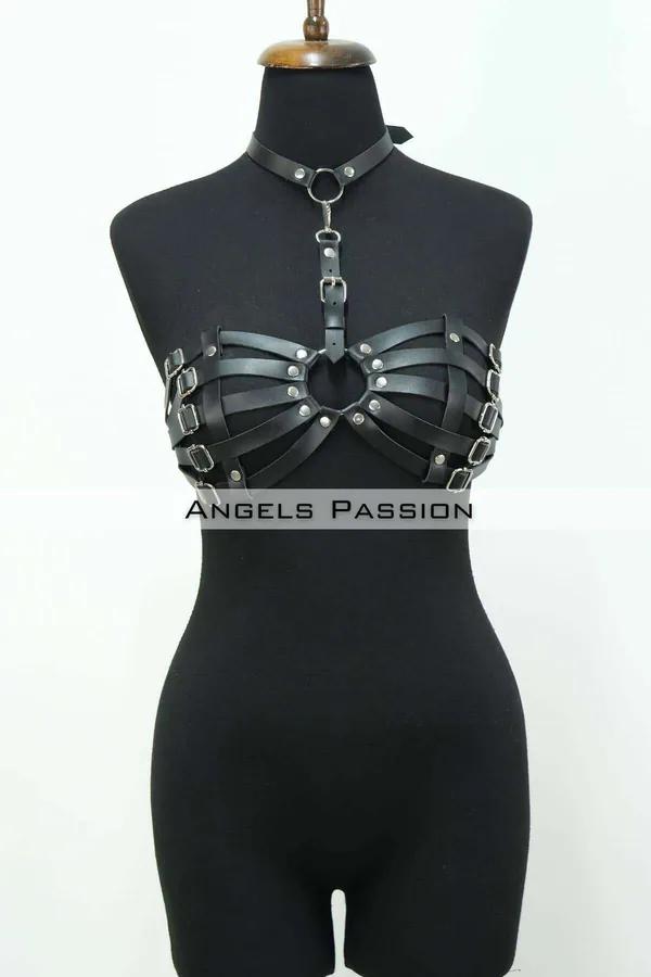 black faux leather cage bra harness with O-ring choker silver buckles and multi-strap bust design on mannequin
