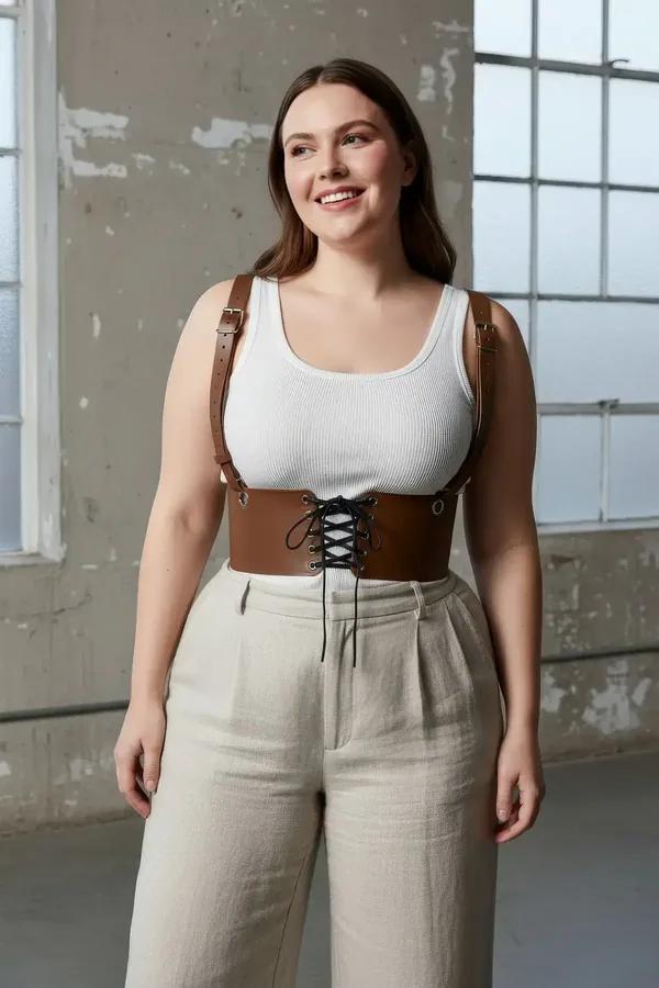 Cognac brown faux leather underbust corset harness belt with black lace-up front and gold-tone shoulder strap buckles worn ov