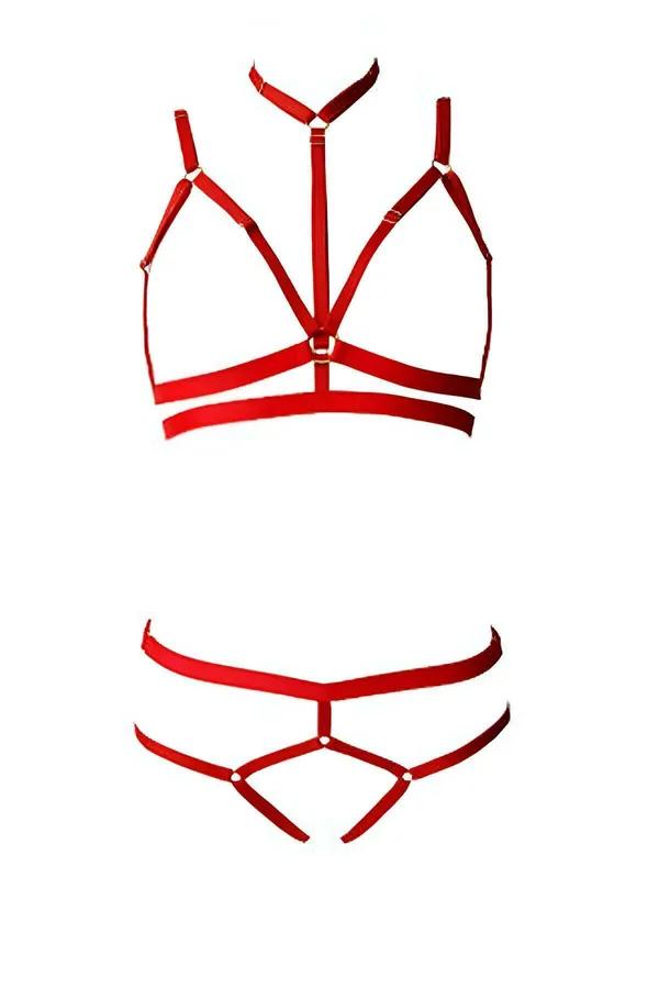 kırmızı esnek bantlı kafes sütyen harness ve siyah külot 3 parçalı takım, metal toka detayı