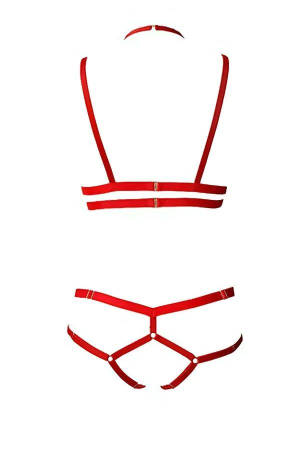 kırmızı esnek bantlı kafes sütyen harness ve siyah külot 3 parçalı takım, metal toka detayı