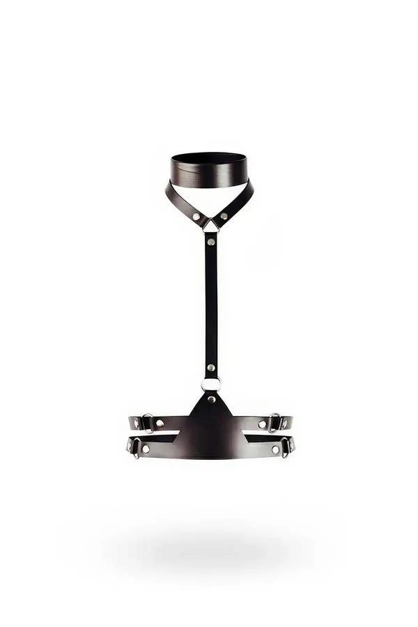 Black faux leather choker chest harness with double underbust band and silver O-ring hardware on white background
