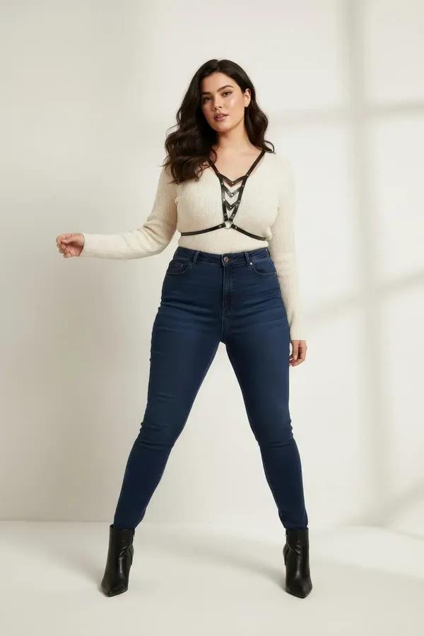 Black faux leather V-neck harness top with five interlinked silver O-rings worn over cream knit sweater