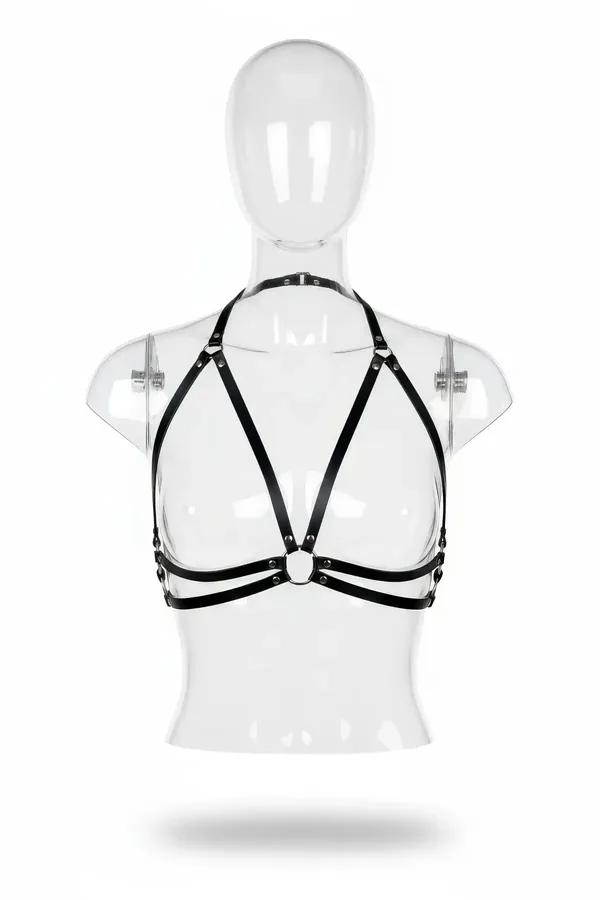 Siyah suni deri kafes harness bra üçgen strap geometrisi merkezi O-halka ve gümüş perçinli donanım