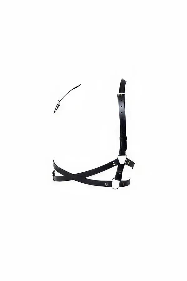 black faux leather underbust harness bra with single asymmetric shoulder strap and cross-front panel, gunmetal buckles