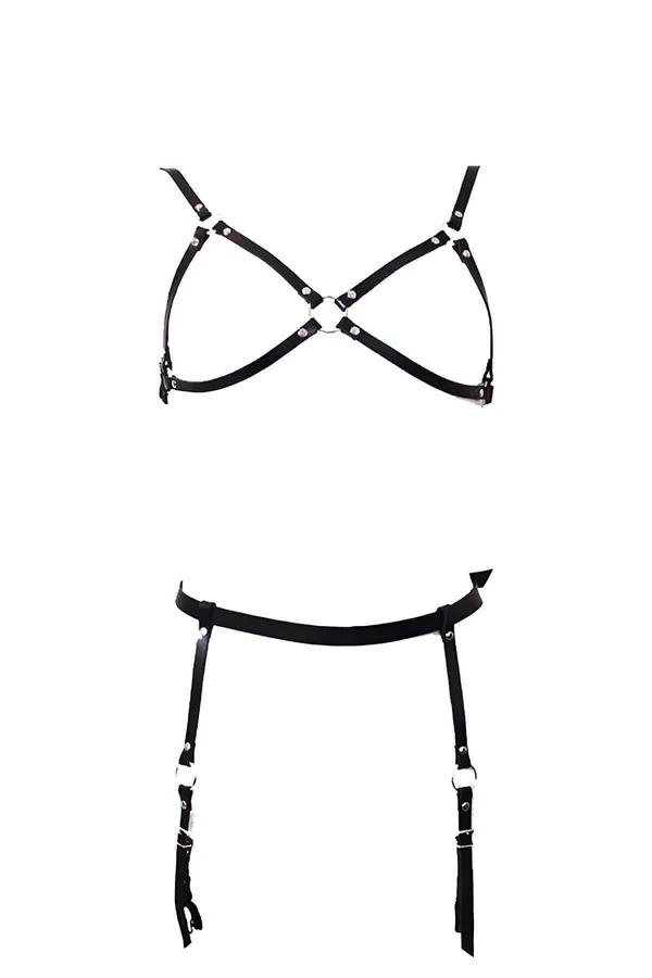 siyah vegan deri harness jartiyer takım, X bant üst harness ve gümüş tokali jartiyer kemeri