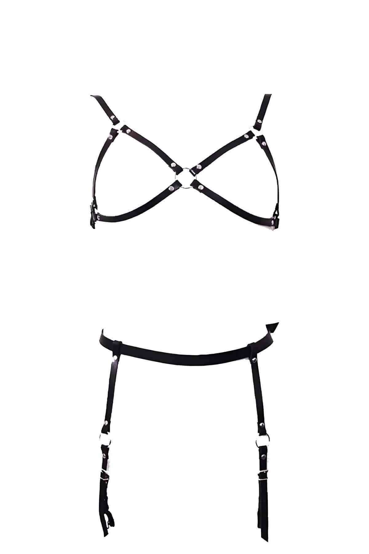 siyah vegan deri X-çapraz bra harness ve jartiyer takım gümüş O-ring ve çorap askısı klipsi