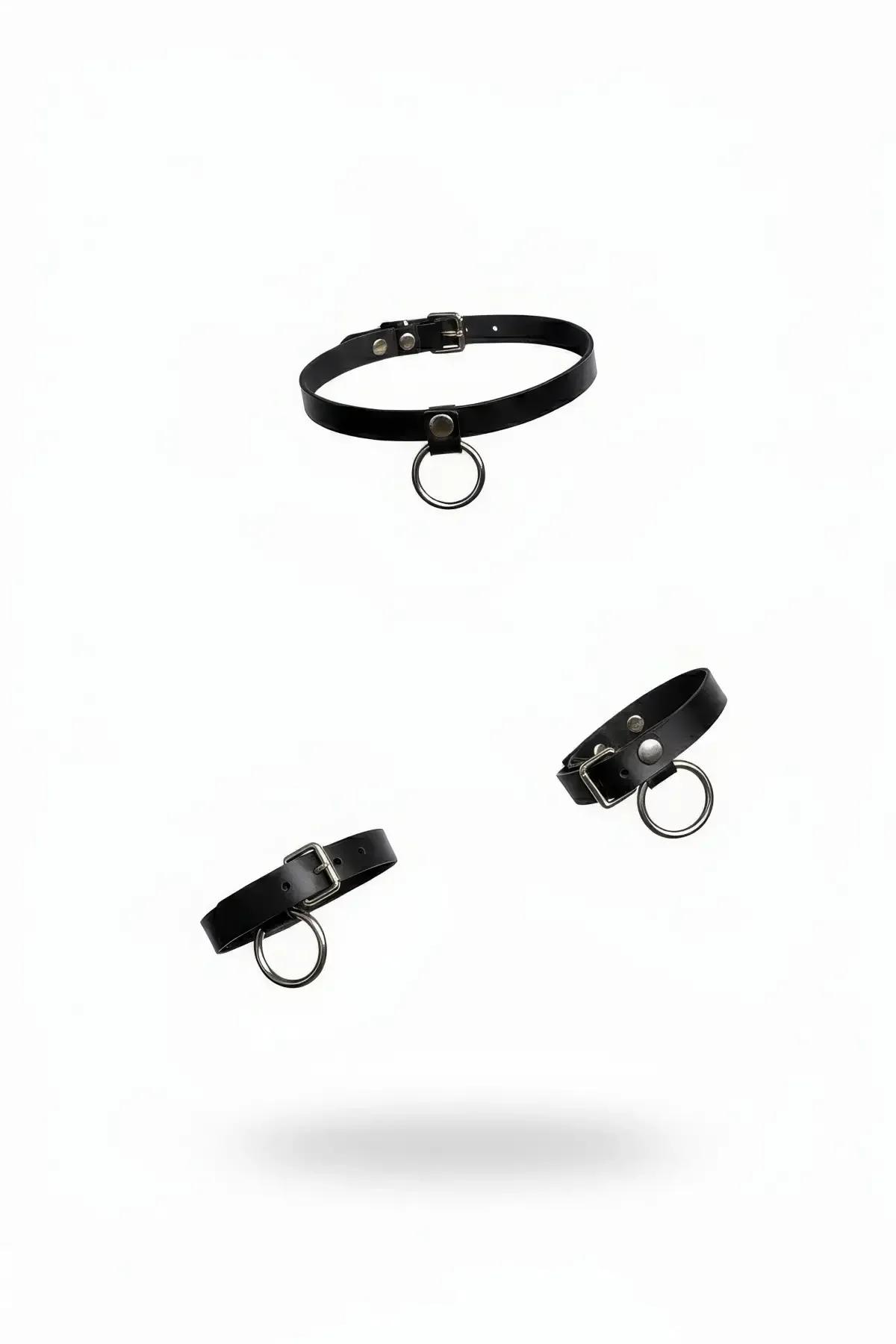 siyah vegan deri choker kolye gümüş O halka ve toka detaylı 3 parça set aksesuar