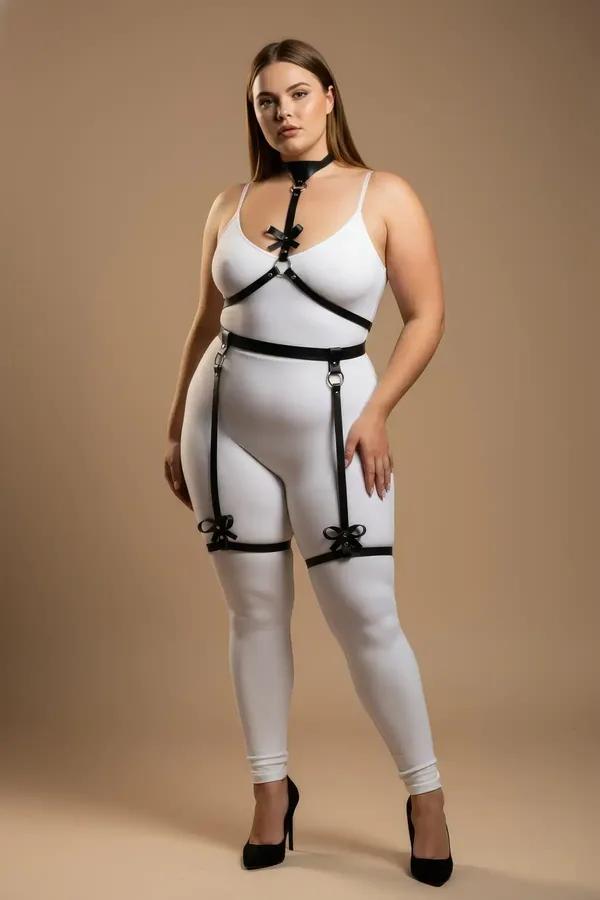 Black faux leather body harness with bow garter straps, O-ring choker collar, silver buckles, and ribbon bow mid-thigh bands