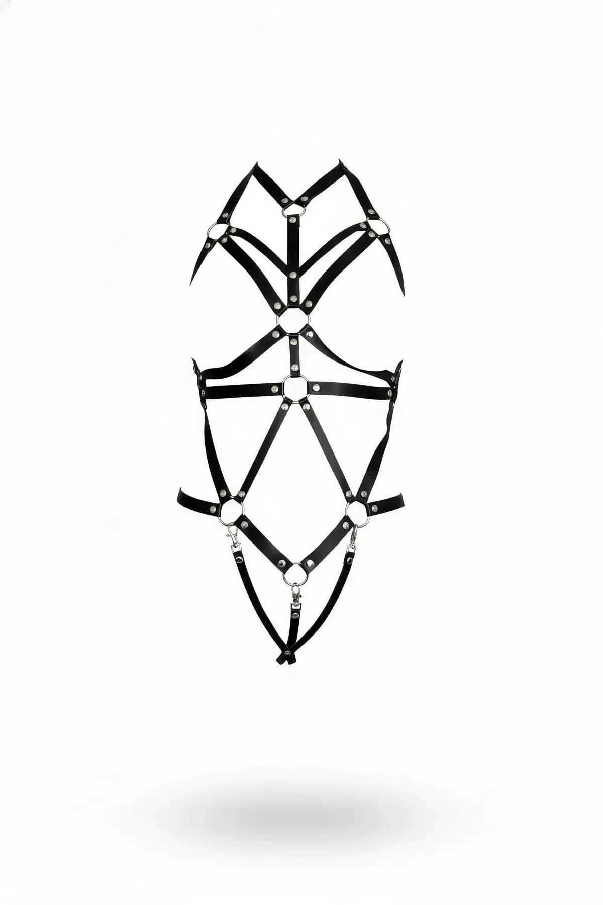 siyah suni deri full body harness geometrik elmas desen gümüş O-halka perçin detaylı