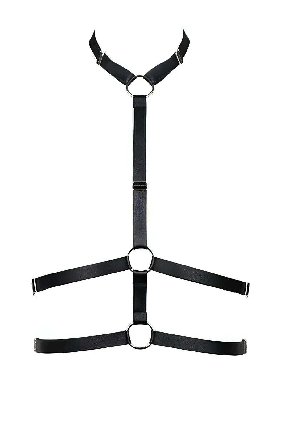 Black faux leather strappy body harness with three vertical silver O-rings and adjustable slider buckles